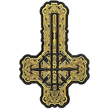 Ghost Band Grucifix Cross Patch with Golden Pattern - Papa Emeritus Embroidered Iron-on Patches - Heavy Metal Embroidery Emblem Iron On and Sew On Applique Patch for Bikers - 4.8 x 7.3 inches