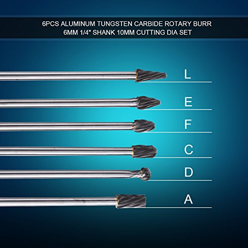 Lot de 6 limes rotatives en carbure de tungstène et aluminium pour sculpture, polissage, gravure et perçage - Tige de 6 mm, diamètre de coupe de 10 mm