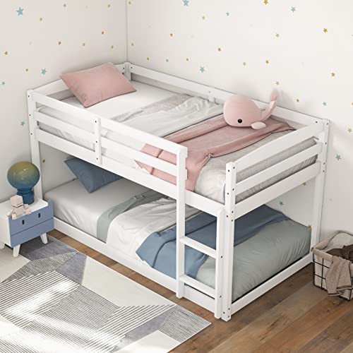 Giantex Twin Low Bunk Bed, Solid Wood Twin Over Twin Bunk Bed Frame With Full Guardrails & Integrated Ladder, Floor Twin Bunk Beds For Kids Boys And Girls, No Box Spring Needed, White #TOP3