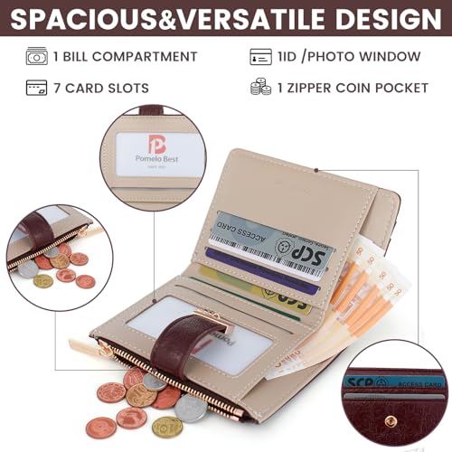 Image of Pomelo Best Wallet Women Bifold Leather Wallets for Women Credit Card Holder with ID Window Zipper Coin Pocket Dark Red
