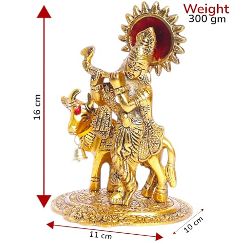Image of KridayKraft Lord Krishna with Cow Metal Statue,Krishna Murti Playing Flute for Temple Pooja,Decor Your Home,Office & Gift Your Relatives,Showpiece Figurines,Religious Idol