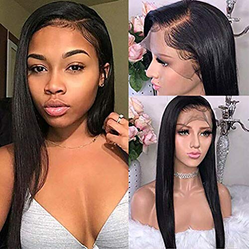 Wig Lace Frontal Femme, YUYOUG 26 Dentelle Frontale Perruque Soyeuse Droite Straight, Cheveux Indiens Naturels Brésiliens, Noir