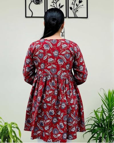 Image of Women's V Neck Anarkali Short Kurti for Women Full Sleeve Floral Print |Stylish Kurtis & Short Kurtis for Woman | Casual Kurti with Jeans | Kurtas for Woman