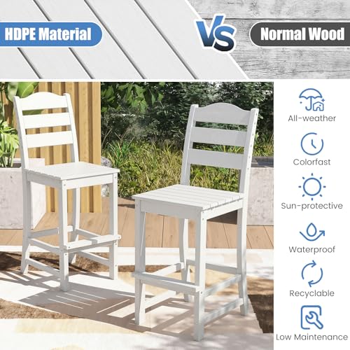 Image of Tangkula Patio HDPE Barstool, Outdoor High Top Bar Chair w /Backrest & Footrest, All-Weather Wood-Plastic Bar Height Chair for Poolside, Backyard, Porch (2, White)