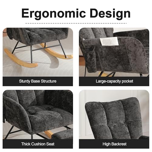 Image of Rocking Chair Nursery with Airbag, Comfy Modern Nursery Rocking Reading Chair Indoor, Cozy Upholstered Glider Rocker Chairs with High Backrest for Living Room Bedroom Offices(Chenille, Black)