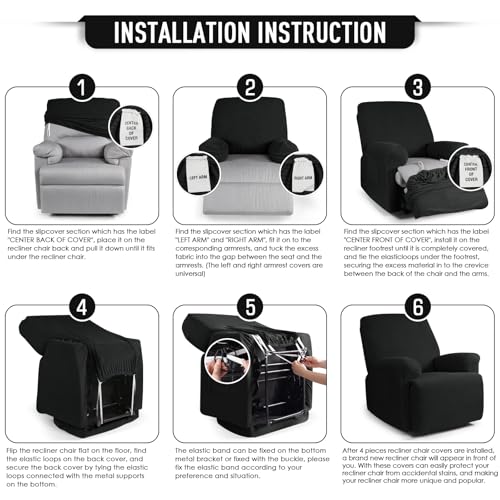 Image of TAOCOCO Recliner Cover 4-Pieces, Stretch Sofa Slipcover, 1 Seater Couch Protector, Soft Furniture Protector With Elastic, Chair Covers Jacquard Pattern (Black)