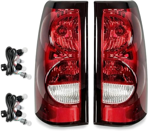 PAANLOK Chevy Silverado Tail Lights for 2003 2004 2005 2006 2007 Full Pair Assembly with Bulbs and Wiring Harness Replacement for 1500/2500/3500 HD & Classic Heavy Duty | Fleetside Only (OE Red)