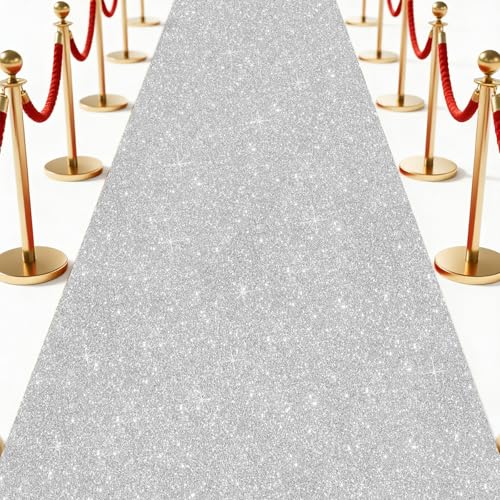 Glitter Carpet Runner 2.6FT x 15FT (200 GSM Thick) + Adhesive Tape - Durable Non-Woven Sparkle Rug Hollywood Event Carpet Graduation & Indoor/Outdoor Party Decor (Glitter Silver 2.6FT X 15FT)