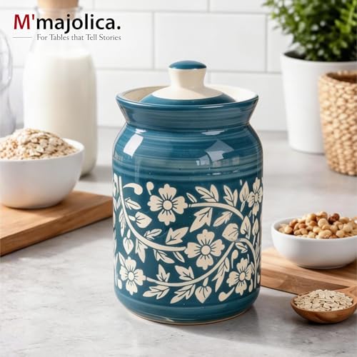 Image of Sky Blue Floral Ceramic Handglazed Pickle Jars Set of 2-1000 ML Each | 1 kg Achaar Martban Barni Jar with Lid | Ceramic Storage Jar Container Pickle, Chatney