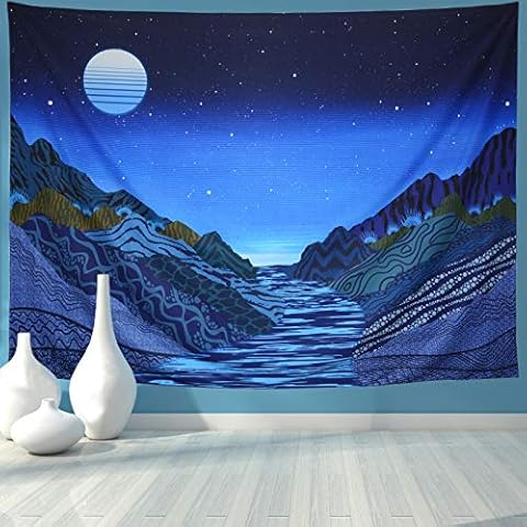 Rajahubri Psychedelic Mountain Tapestry Moon and Stars Tapestry Wall Hanging Starry Sky Tapestry Night Sky Tapestry River Tapestry Wall Hanging for Room(H51.2×W59.1) Cover