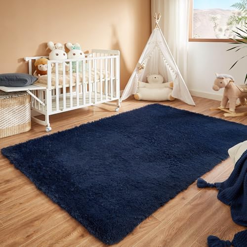 Floralux Area Rugs for Bedroom Living Room, 4x6 Rug, Dark Blue, Fluffy Fuzzy Carpet, Shag Plush Carpets for Nursery Kids Room, Home Dorm Decor...