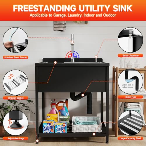 Image of Stainless Steel Utility Sink, 33.5 inch x 22 inch x 36.6 inchFreestanding Sink with Cold and Hot Water Faucet,Hoses and Drain Kit for Kitchens, Bathrooms, Garage, Laundry Room