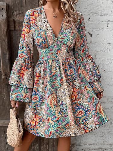 Boho Floral Paisley V-Neck Dress with Bell Sleeves, Multi-Color Print, Empire Waist2