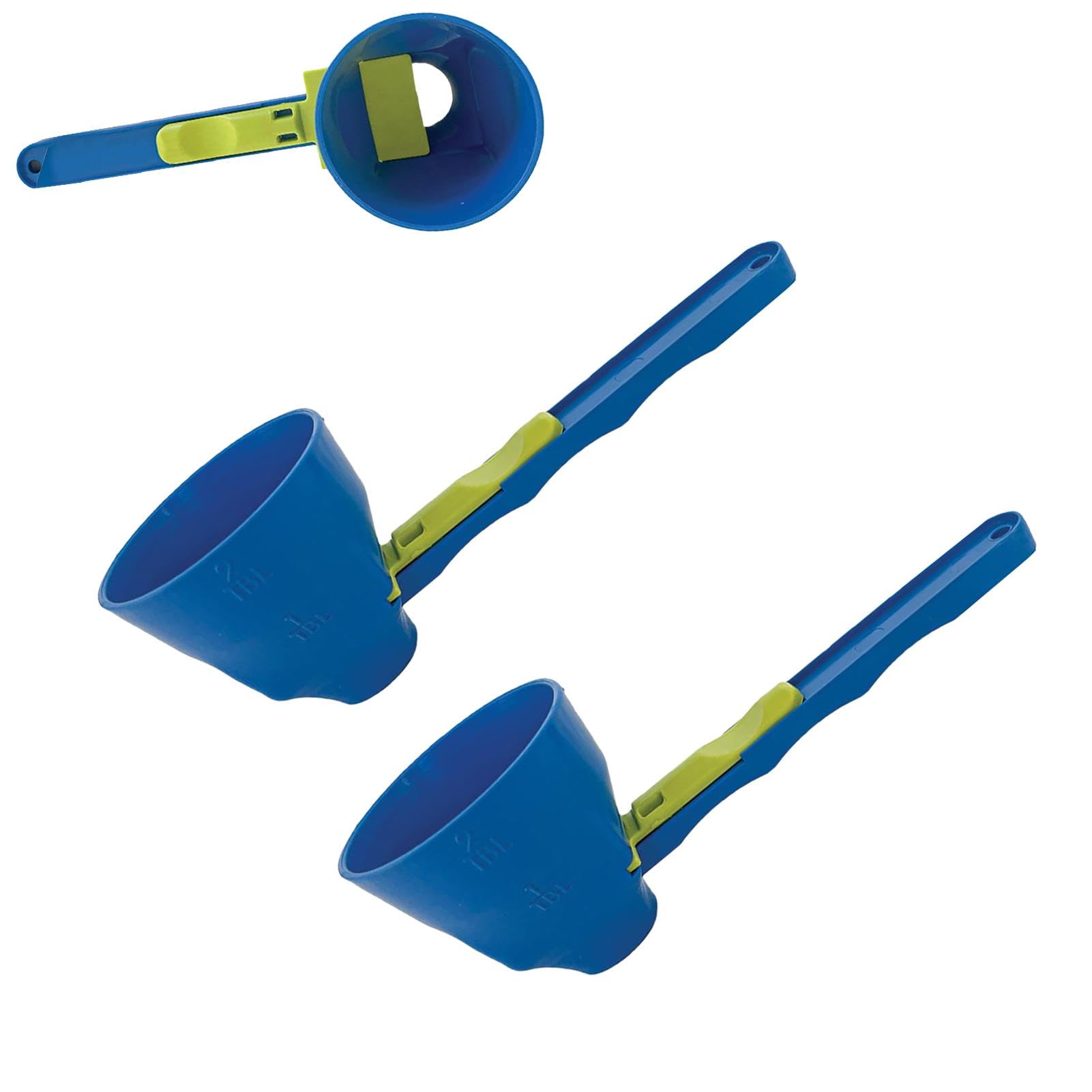 2 Pack Funnel Scoop for Powder | Measuring Spoon with Sliding Base | Protein, Coffee Scoop | Longer Handle Kitchen Tool