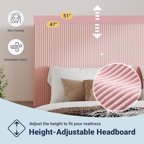 Image of Allewie Queen Bed Frame, Corduroy Tufted Headboard, Light Pink | Soft Corduroy Fabric, Adjustable Headboard, 900 lb Capacity, Wooden Slats, No Box Spring Needed, Easy Assembly