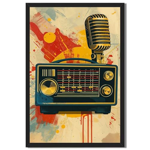 Framed Retro Radio and Microphone Canvas Print Vintage Funky Wall