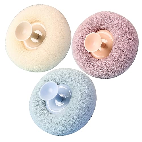 FRCOLOR 3pcs Exfoliating Shower Balls Soft Mesh Pouf Body Scrubber with Suction Cup Gentle Deep Cleansing Loofah Sponge for Smooth Skin Travel Friendly Bath Accessories Elegant