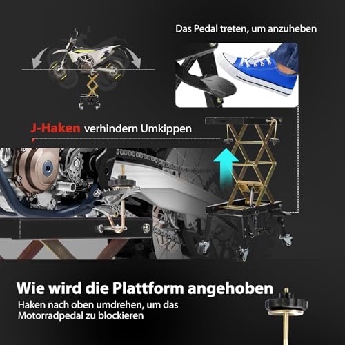 VIVOHOME Hydraulischer Motorrad-Wagenheber Motorradhebebühne bis zu 160kg mit Fußbetätigung ATV Dirtbike Scherenständer mit 4 Rädern