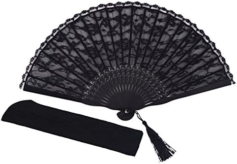 Meifan Womens Multi Color Handmade Cotton Lace Folding Hand Fan (Black-A)