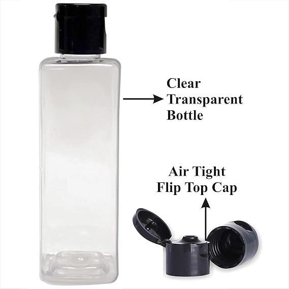 HARRODS 100ml-空の透明正方形プラスチックボトル、ブラックキャップフリップトップキャップ、消毒剤、液体、旅行用16個