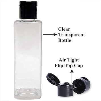 HARRODS 100ml-空の透明正方形プラスチックボトル、ブラックキャップフリップトップキャップ、消毒剤、液体、旅行用16個