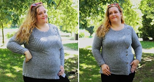 Image of RITERA Plus Size Sweater, Ribbed Long Sleeve Solid Top for Women | Soft vertical ribbed knit, modest V neck, loose long sleeves, curved swing hem, slimming casual layering top for curvy women