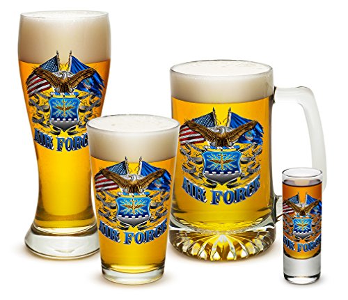 Erazor Bits Pint Glasses ? USAF American Hero?s Gifts for Men or Women ? Double Flag Air Force Eagle Beer Glassware ? Armed Forces Beer Glass with Logo - 4 Piece Collector Set (16 Oz)