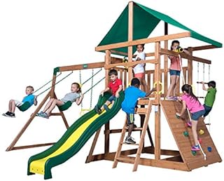 Backyard Discovery Mount McKinley All Cedar Wood Swing Set, Playground for All Kids Age 3-10, Rock Wall, Wave Slide, Fort, Double Rock Climber and Rope
