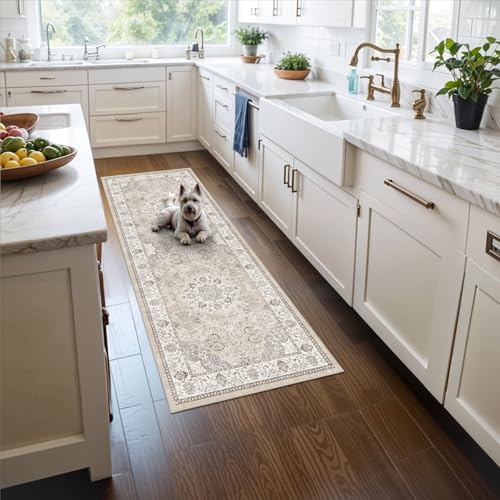 Washable 2x5 Hallway Runner Rug: Vintage Water Resistant Kitchen Entryway Rug Ultra Soft Living Room Bedroom Carpet with Non Slip Backing Indoor Low Pile Floor Mat for Bathroom Dining Room(2X5,Beige)