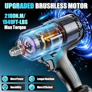 Hecusam 2100 N.M Clé à Chocs Sans Fil Brushless, 3/4" Boulonneuse A Choc Electrique Avec 2 Batterie, Adaptateur 1/2", Visseuse A Choc Pour Voitures Et Machines Lourdes