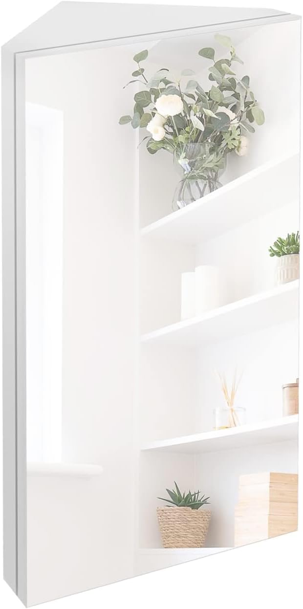 eclife 24" Bathroom Corner Medicine Cabinet W/Mirror, Single Door Bathroom White Wall Mount Mirror Cabinet, Hanging Triple Shelf Storage Cabinet Opens Left to Right
