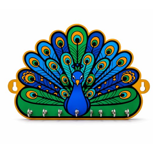 Image of Holder for Home Decor Stylish | Key Hangers for Wall | Wooden Key Stand for Wall (7 Hooks, Peacock)