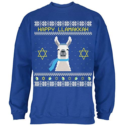 Llama Llamakkuh Ugly Hanukkah Sweater Royal Adult Sweatshirt - Large Blue