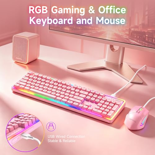 Image of memzuoix Wired RGB Keyboard and Mouse Combo for Office & Gaming, Pink