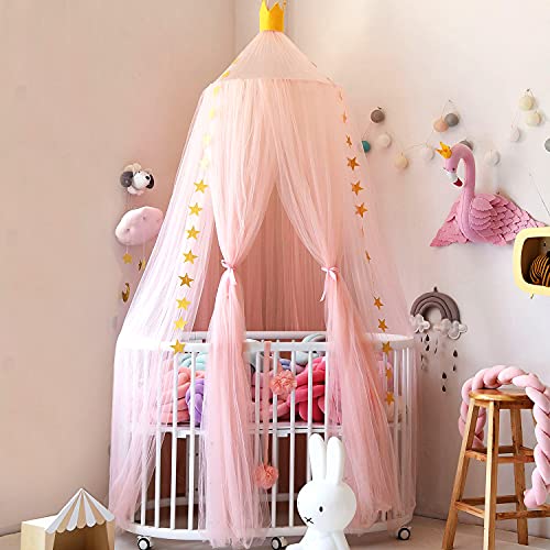 Image of Jolitac Princess Bed Canopy for Girls Room Decor Round Lace Mosquito Net Play Tent Reading Nook Canopies Yarn Girl Dome Netting Castle (Pink)