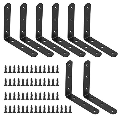 Glarks 63pcs 100 x 100 x 3mm Black L Bracket Corner Braces Kit, Includes 8pcs Stainless Steel Right Angle Bracket, 55pcs M4 x 20mm Screws, L Corner Braces for Wood Furniture, Bedframe, Cabinet