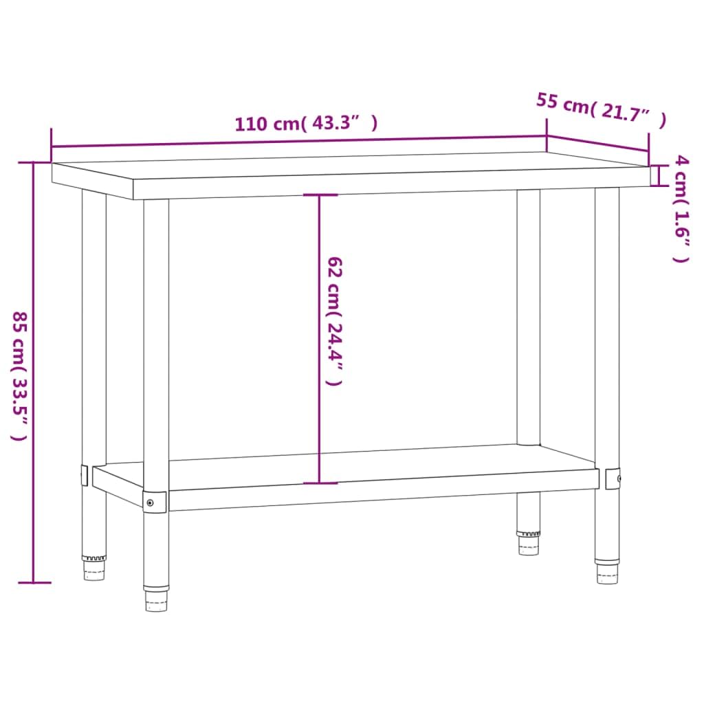 Mesa de trabajo de cocina de acero inoxidable, 110 x 55 x 85 cm, con encimera y estante, patas ajustables, ideal para suministros de gastronomía, gastronomía, restaurante, catering, hotel