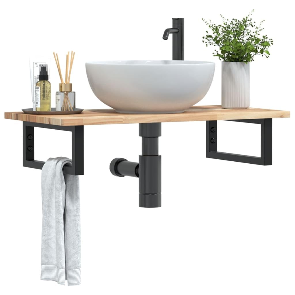 Estantería para lavabo montado en la pared, consola de lavabo de madera maciza de acacia y acero negro, elegante estante de pared para el baño, 80 x 40 cm, tapa para lavabo, soporta hasta 100