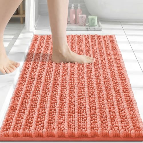 Image of Arotive Luxury Bathroom Ruuner Rugs 30x17, Extra Soft Thick Absorbent Shaggy Chenille Bath Rugs, Machine Wash Dry, Bath Mats for Bathroom Floor, Tub and Shower, Home Decor Accessories, Coral