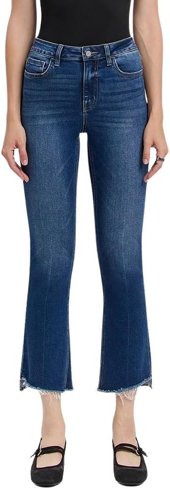 VERVET Women's High-Rise Raw Step Hem Cropped Kick Flare Jeans