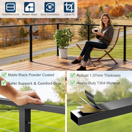 Gyykzz 4 Pack 10FT Black Rectangular Stainless Steel T304 Handrail for Cable Railing System, Flat Top Cable Railing Handrail with Extra End Caps for Indoor Outdoor Length Adjustable DIY Balustrade by Gyykzz - Image 4