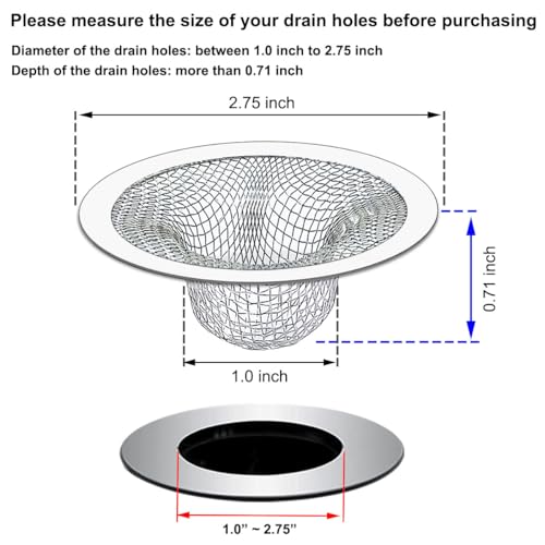 Image of Seatery 2.75 inch Top / 1.0 inch Basket Bathtub Drain Strainers, Bathroom Sink Strainers, Shower Drain Hair Catcher, Drain Strainer for Laundry, Mop Pool, Utility, Slop, RV Sink, Stainless Steel, Pack-6
