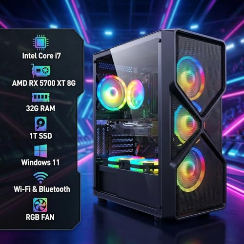Image of STGAubron Gaming PC Desktop Computer, Intel Core i7 up to 3.9G, Radeon RX 5700XT 8G, 32GB RAM, 1TB SSD, WiFi 6, BT 5.0, RGB Fan x 4, Windows 11 Home