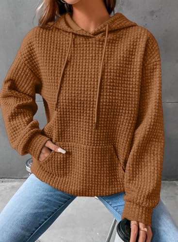 Image of SHEWIN Women Fall Waffle Hoodies Pullover Tops Hooded Sweatshirt