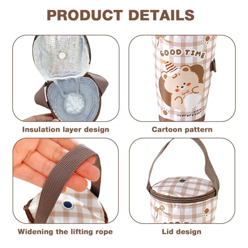 Image of HASTHIP Water Bottle Bag Thermal Drink Carrier Bag Cartoon Cup Bottle Cooler with Handle, Thermal Takeaway Drink Insulation Tote with Zip-up Top & Straw Hole