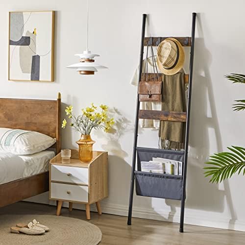 IBUYKE Blanket Rack Towel Rack Holder with Hooks Blanket Ladders Wall Leaning Metal Holder Rack for Living Room,Bathroom,Bedroom Home Decor Rustic Brown TTR001H