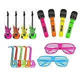 Incluye 4 guitarras inflables, 4 saxofones inflables, 2 micrófonos inflables y 2 persianas y gafas opacas.