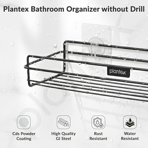 Image of Plantex Self Adhesive Bathroom Shelf Rack /Bathroom Organiser Without Drill /GI-Steel Shelf for Kitchen with Magic Stickers /Bathrooms Accessories- (12x5 inches,Black)