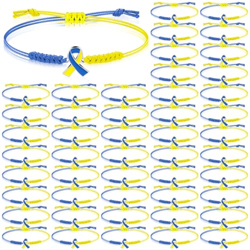 Sasylvia 20/50/100 Pcs Blue Yellow Down Syndrome Awareness Bracelets Adjustable Cord Stretch Bracelets Childhood Down Syndrome Awareness Month Prevention Gifts for Women Men Jewelry (20 Pcs)