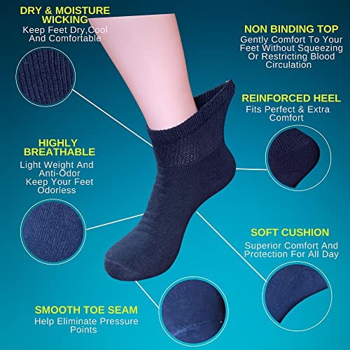 Fancy Pix Women 6 Pairs Colorful Cotton Ankle Diabetic Socks, Non Binding Top, Soft Breathable, Smooth Toe Seem For Diabetic (Navy) #TOP1